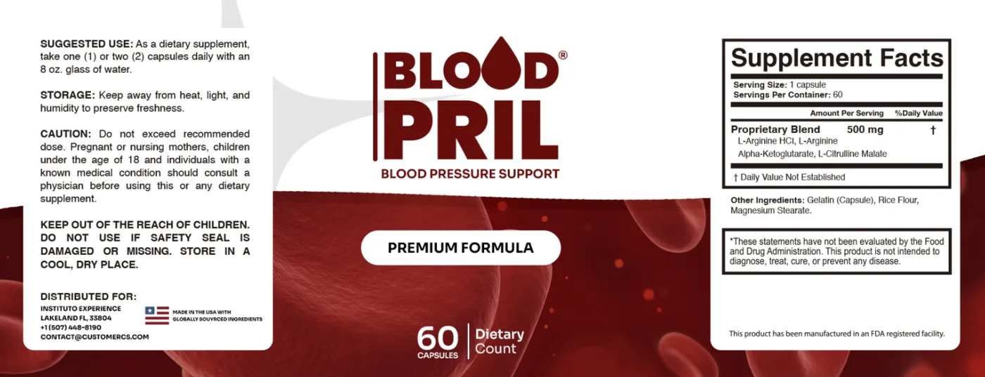 BloodPril Supplement Facts label showing serving size and proprietary blend
